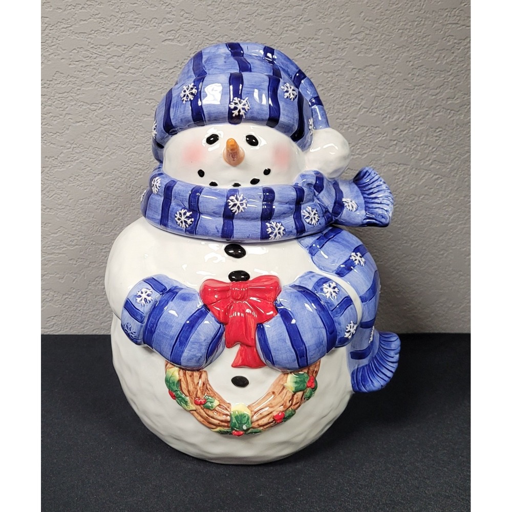 Harry & David Limited Edition Snowman Cookie Jar Blue Hat & Scarf Wreath VTG '98